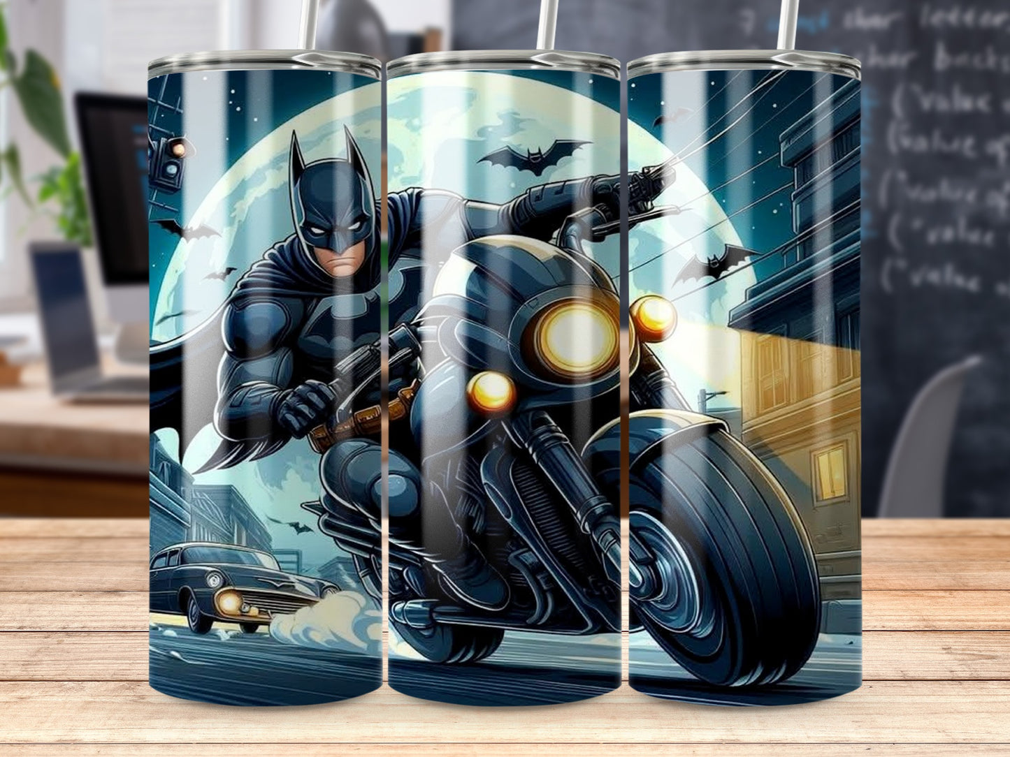 Batman on a Motorcycle Night Scene Illustration Tumblers