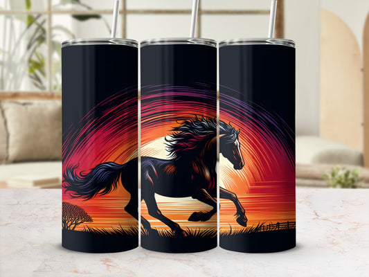 Silhouetted horse running across a sunset landscape with colorful sky.