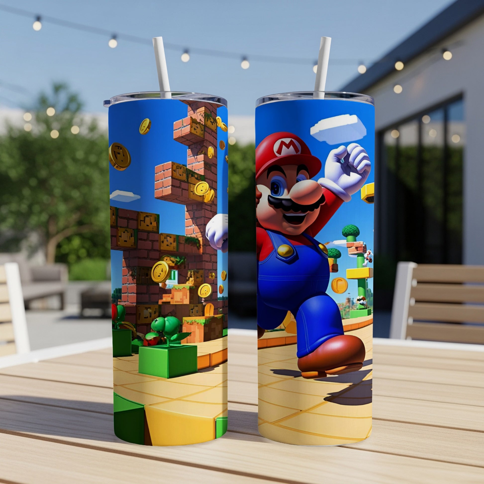 Super Mario characters running and jumping in a pixelated world with coins.
