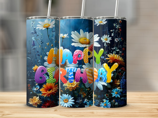 Three tumblers with "Happy Birthday" text and floral design.