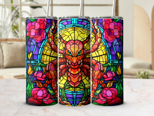 Dragon head design on stained glass tumbler with pink roses.