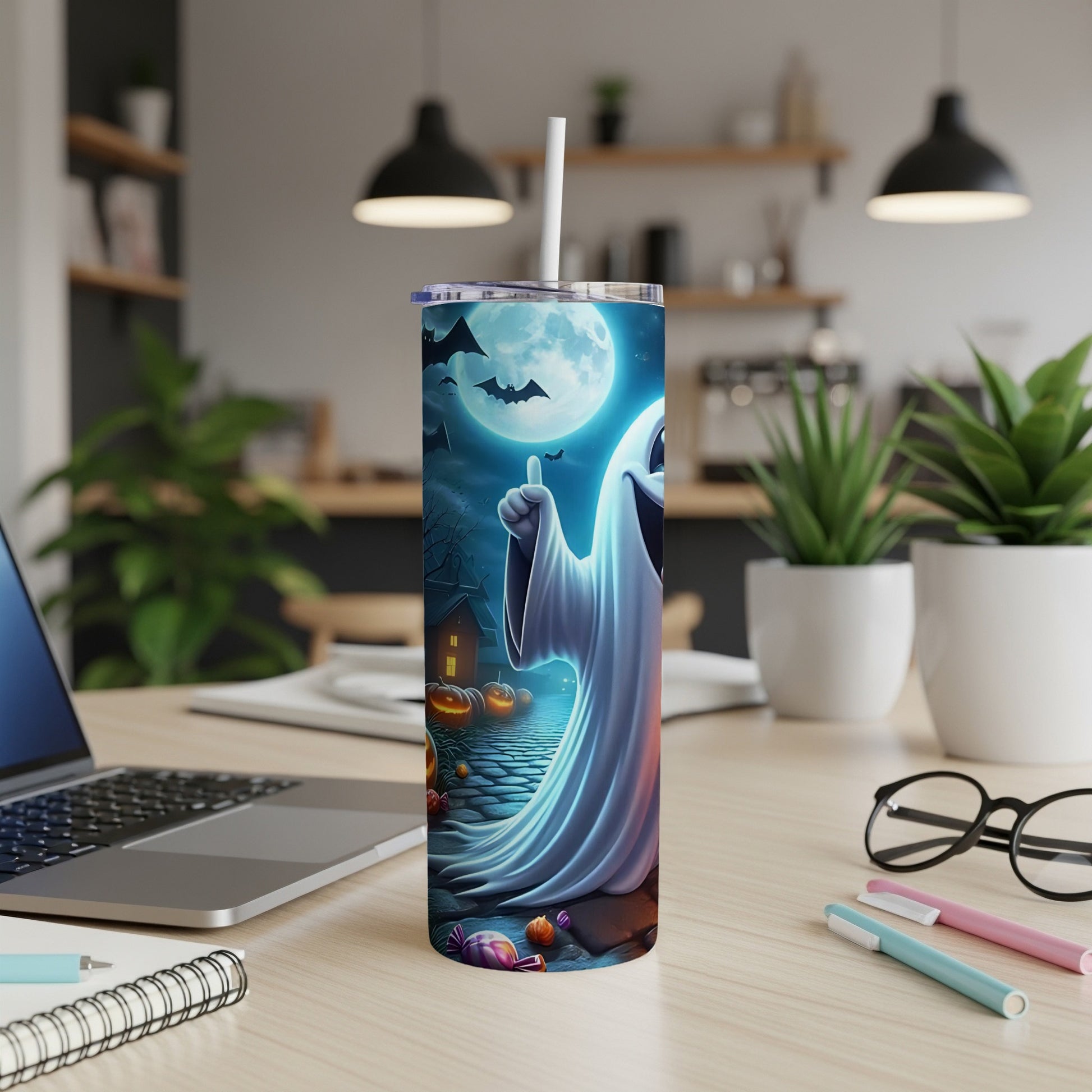 Halloween tumbler with a ghost, pumpkins, and bats under a full moon.