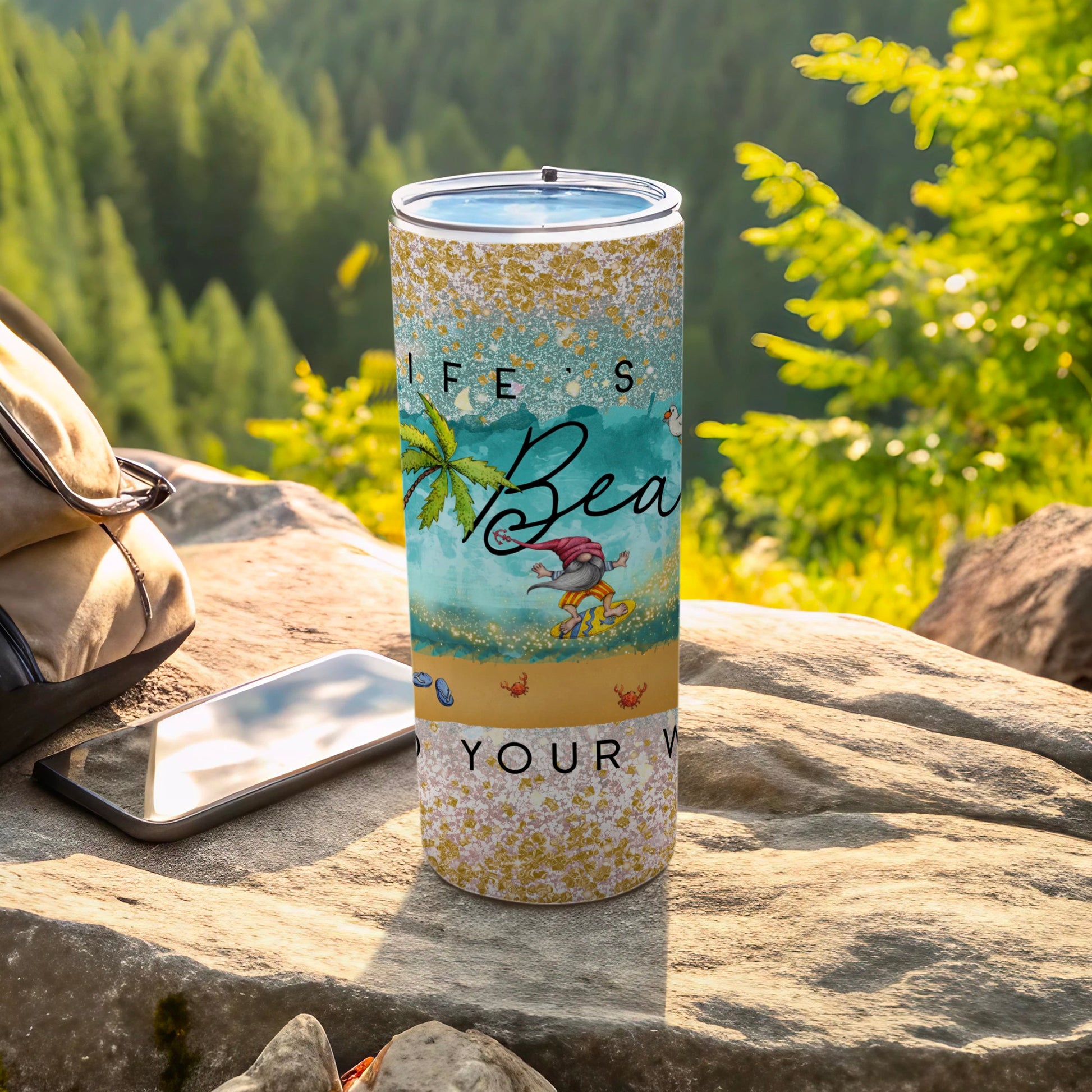 "Life's a Beach" tumbler with gnome and palm tree graphic.