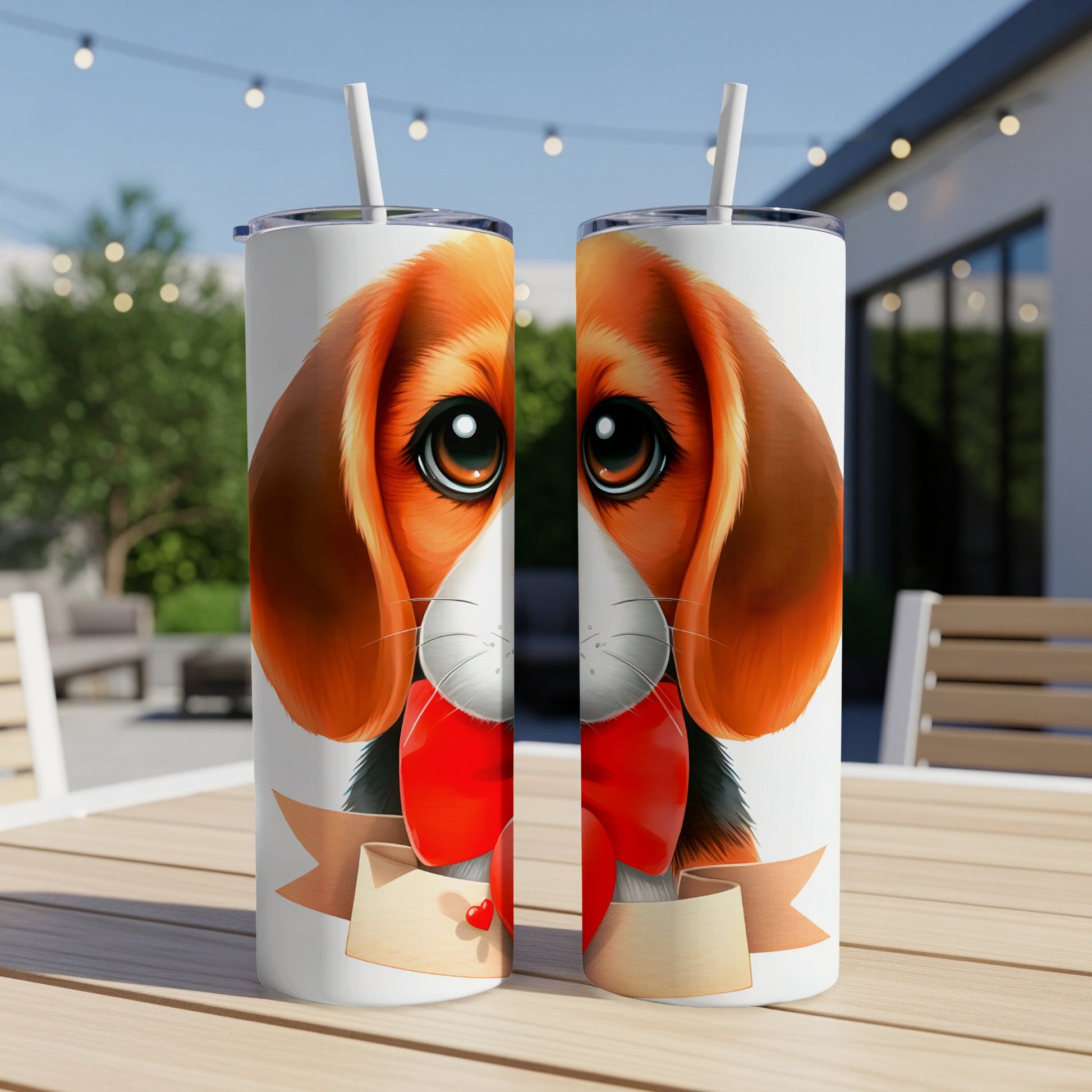 Beagle with red bow and heart on tumbler.