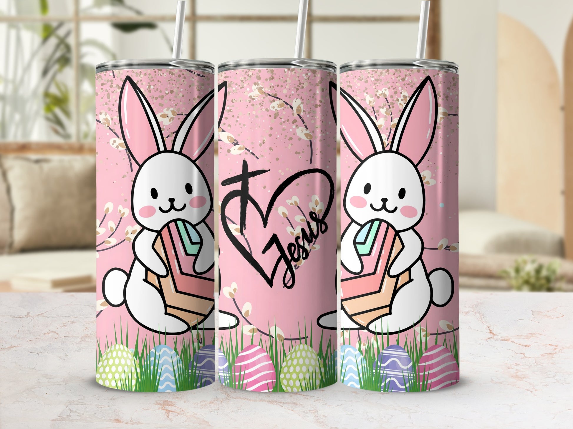 Adorable Easter Bunny Jesus Tumbler with Straw