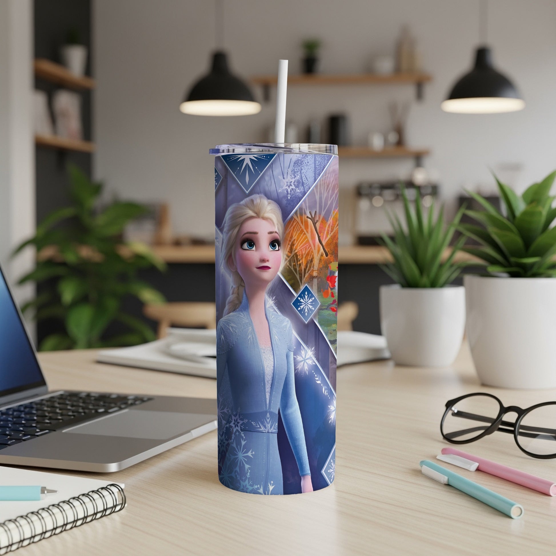 Frozen Elsa with snowflake pattern on a white tumbler.