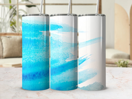 Three tumblers with blue and white abstract watercolor designs.