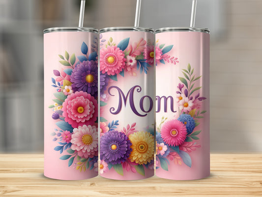 Pink floral tumbler with "Mom" text and floral wreath.