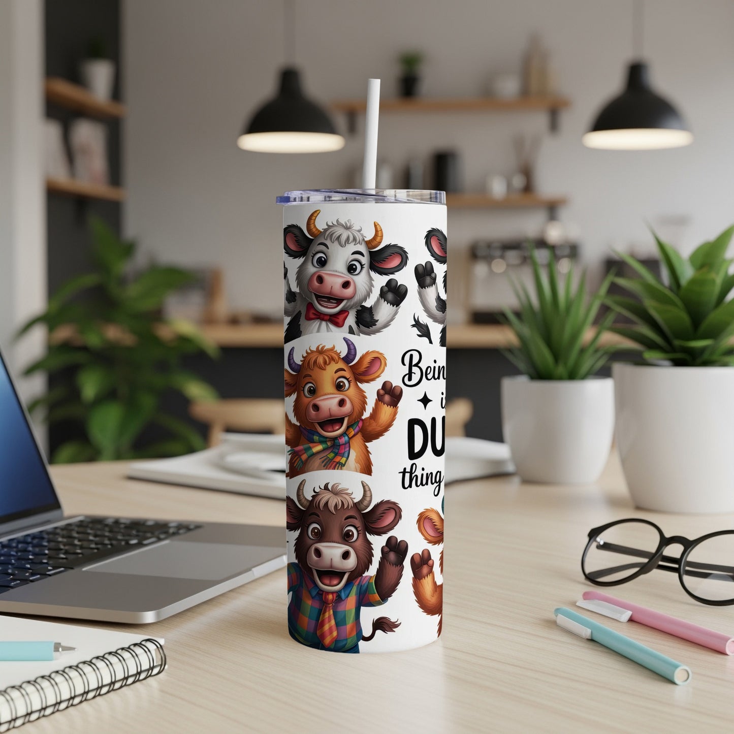 Cow characters on a tumbler with "Being a DUH thing" text.