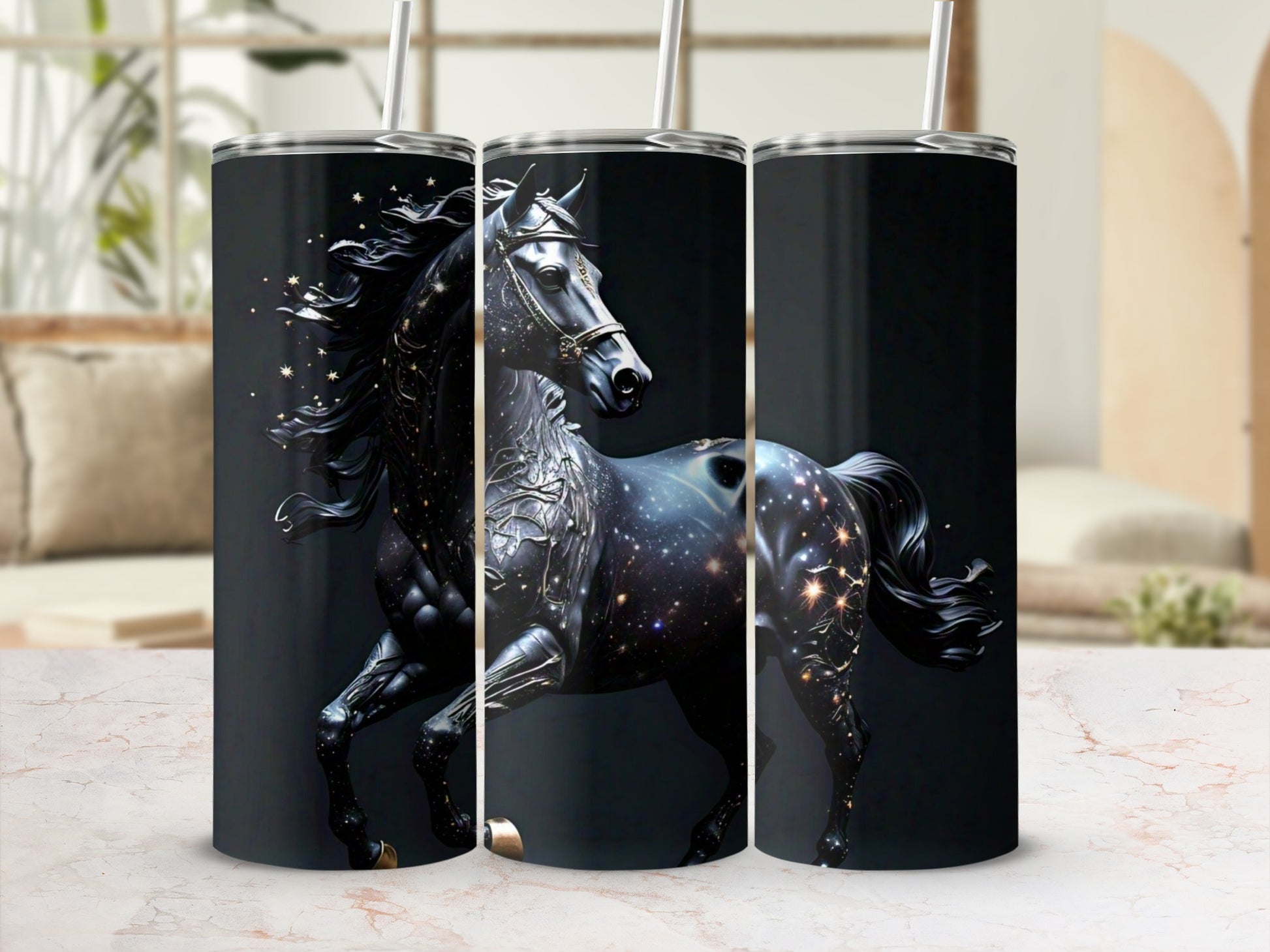 Artistic Black Horse Design on Tumbler Product