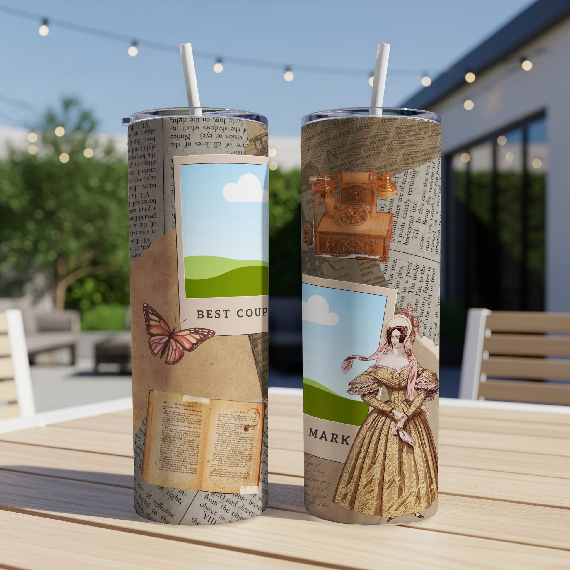 Two tumblers with vintage collage designs featuring butterflies, a woman in a gold dress, and old text.