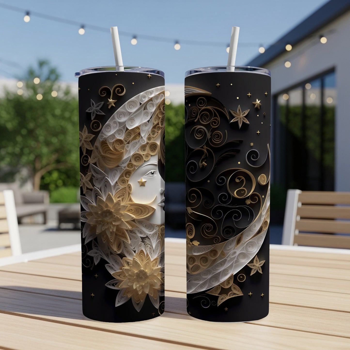 Two tumblers with a celestial moon goddess design and stars.