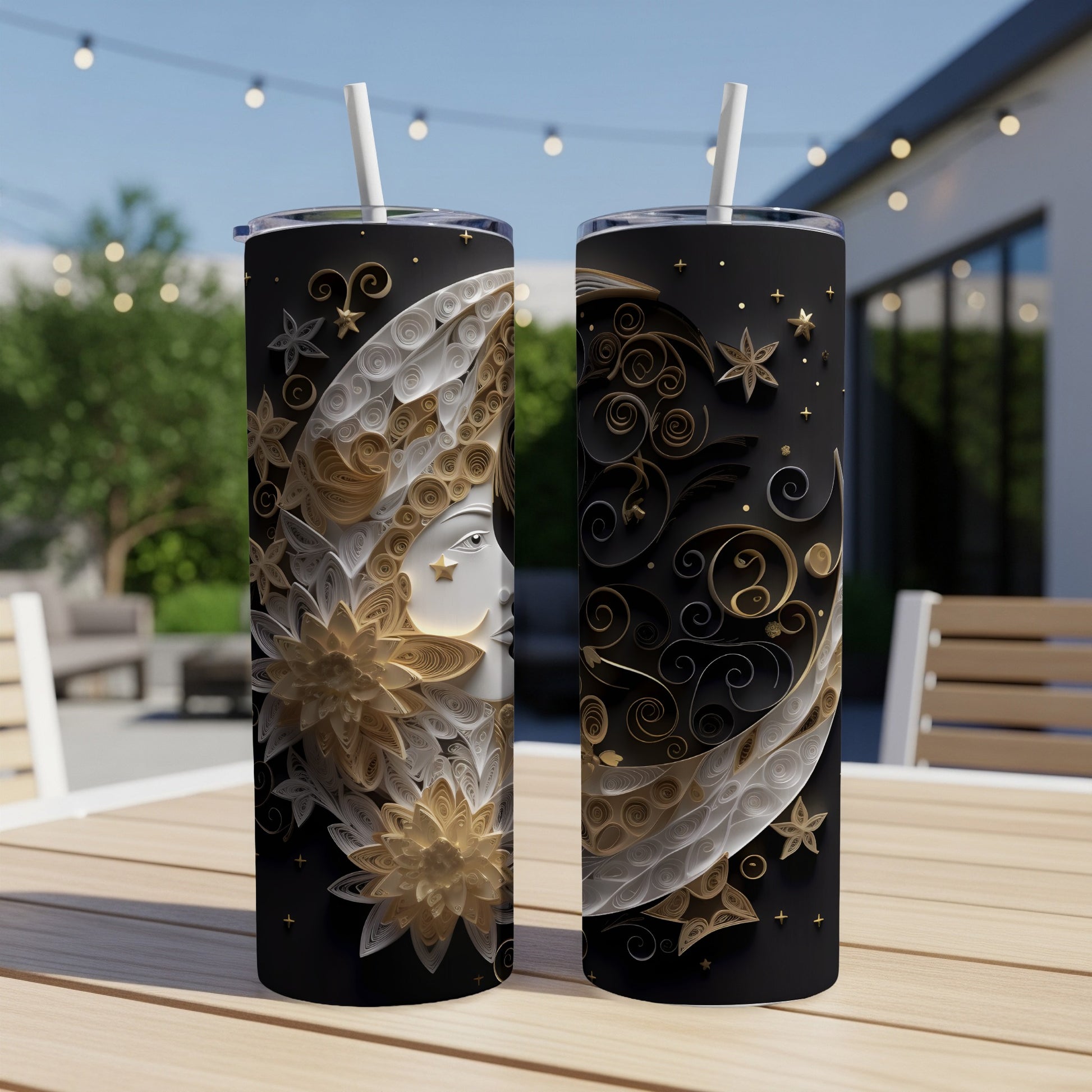 Two tumblers with a celestial moon goddess design and stars.