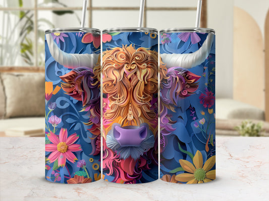 Floral Highland cow with colorful, abstract floral design and straw.