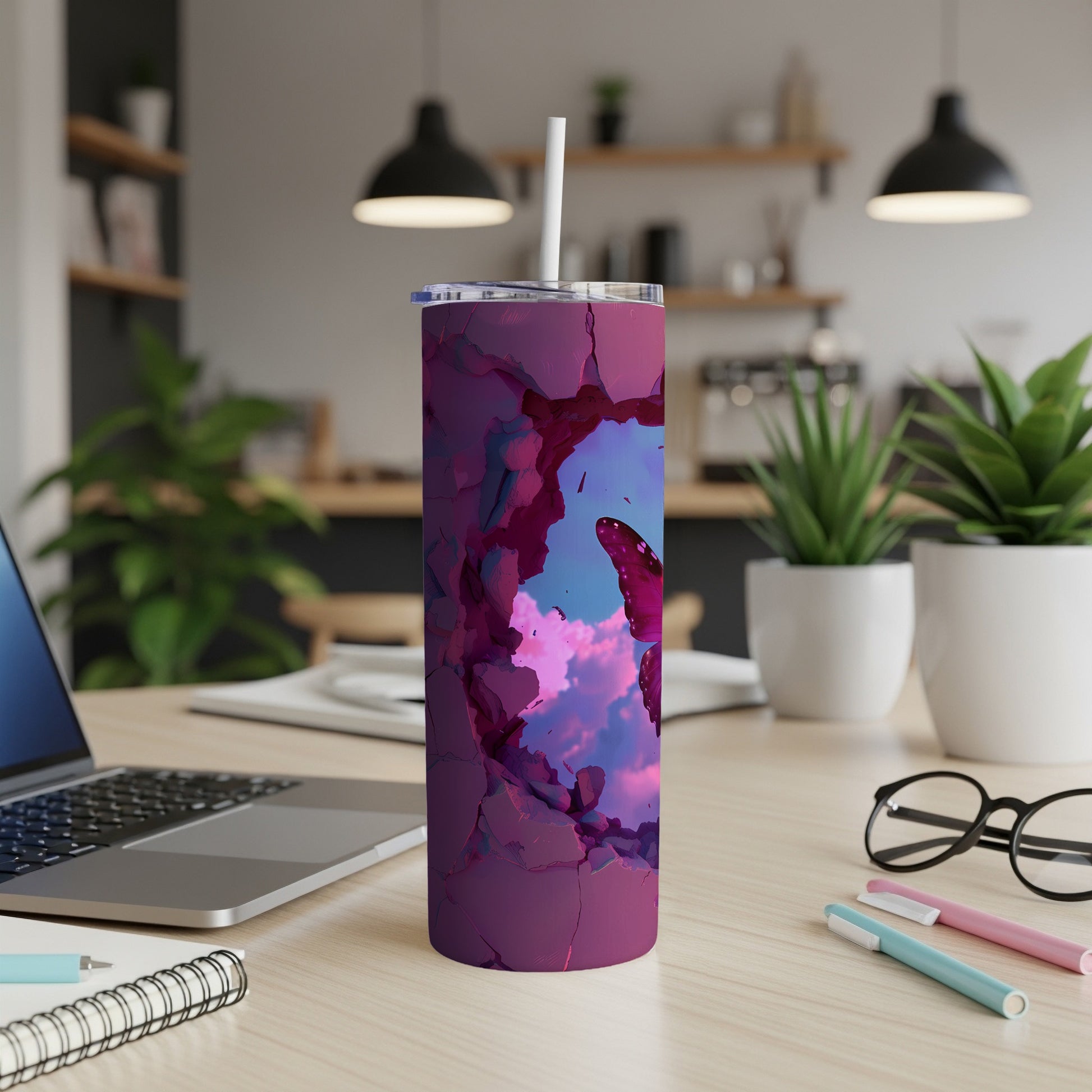 Purple abstract tumbler with butterfly in sky design.