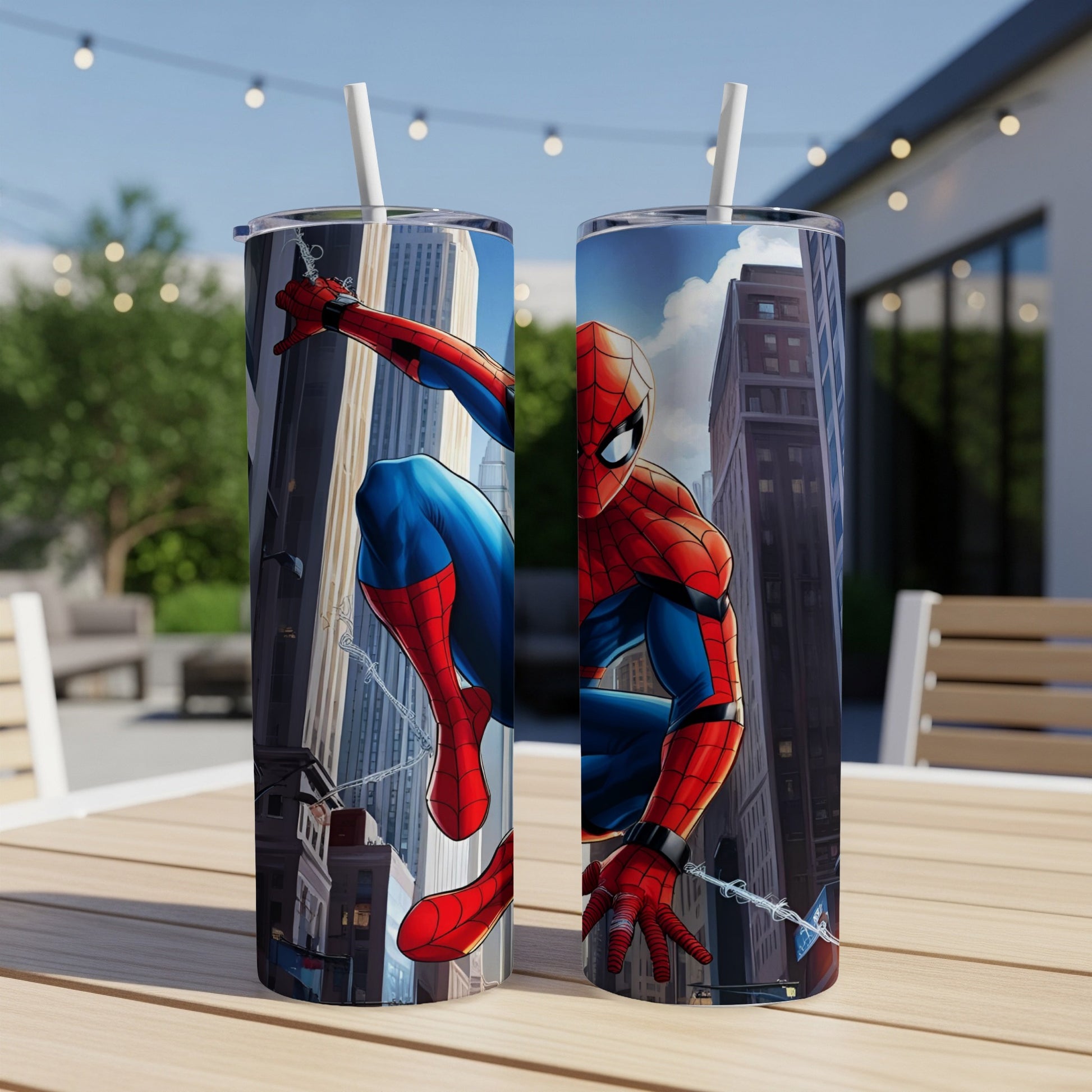 Spiderman superhero swinging between city buildings on a tumbler cup.