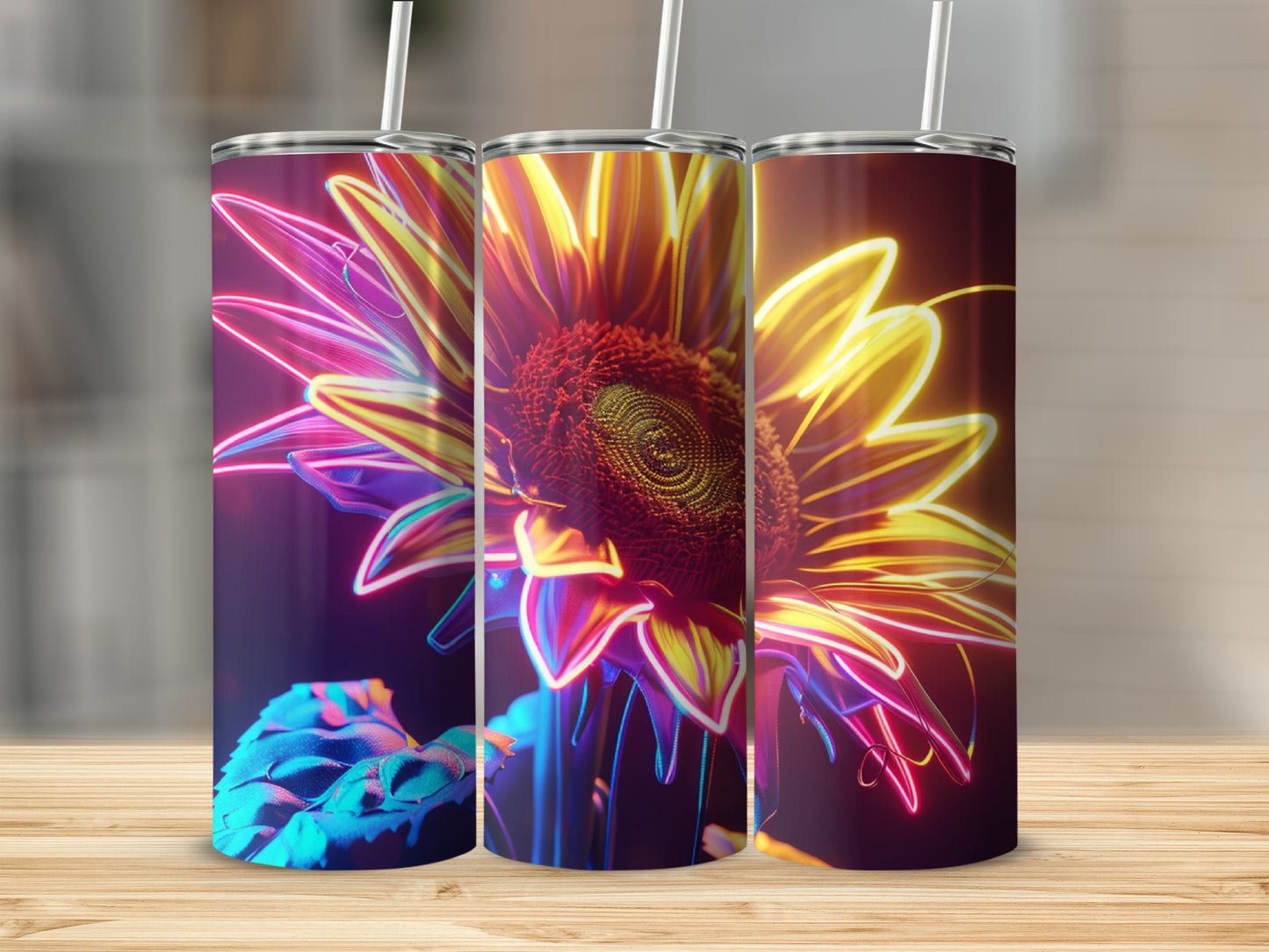 Sunflower in vibrant neon lights, presented on three tumblers.