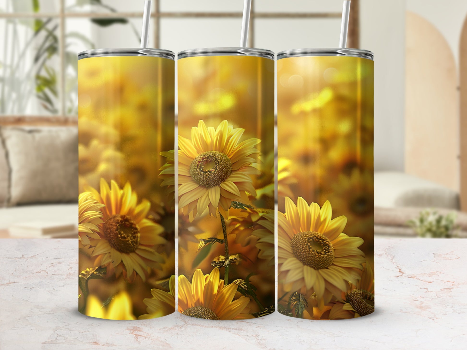 Three tumblers with a bright yellow sunflower pattern.