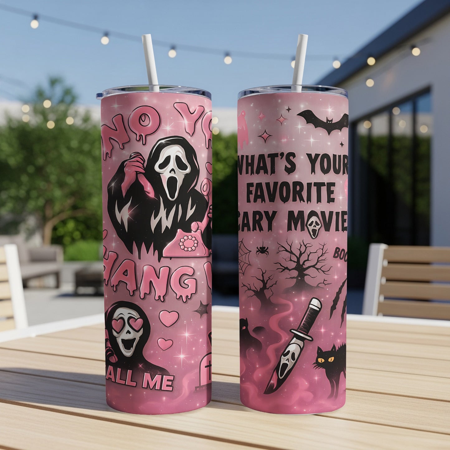 Ghostface tumbler with "No You Hang Up" and "What's Your Favorite Scary Movie" text.