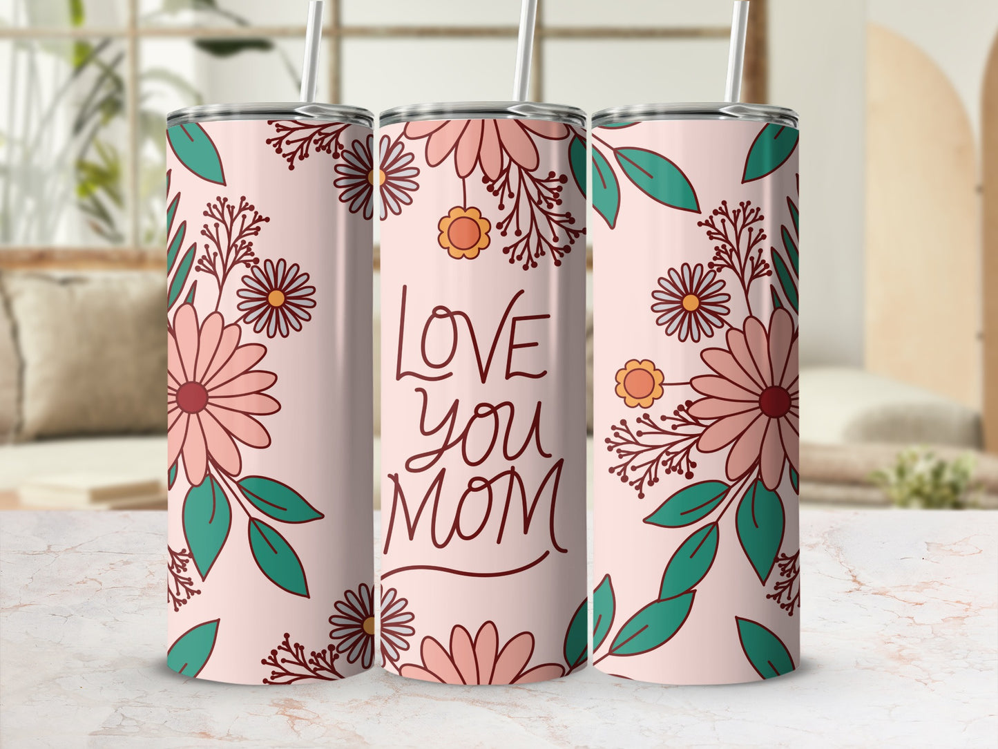 Love You Mom Floral Design Tumbler with Straw