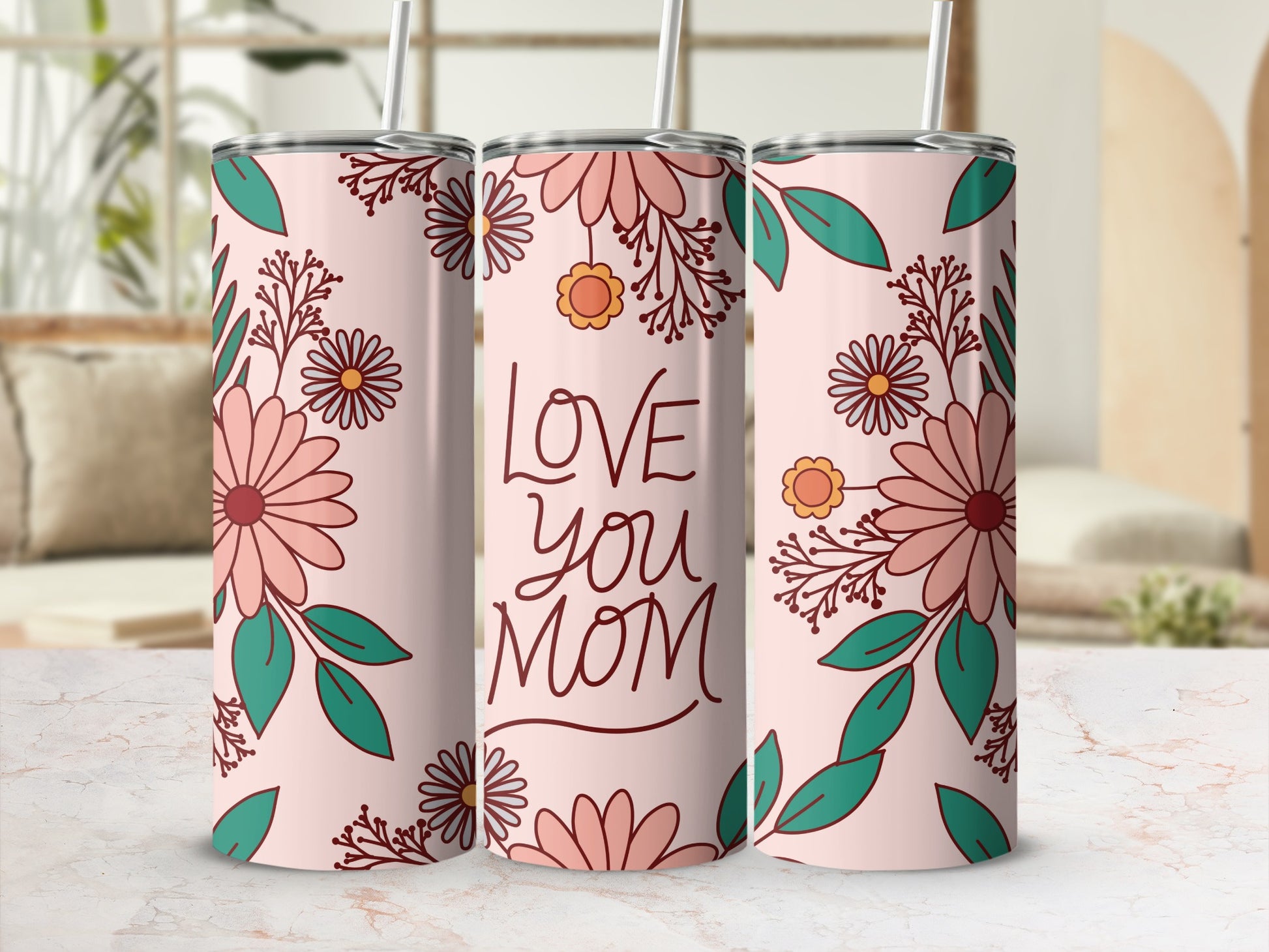 Love You Mom Floral Design Tumbler with Straw