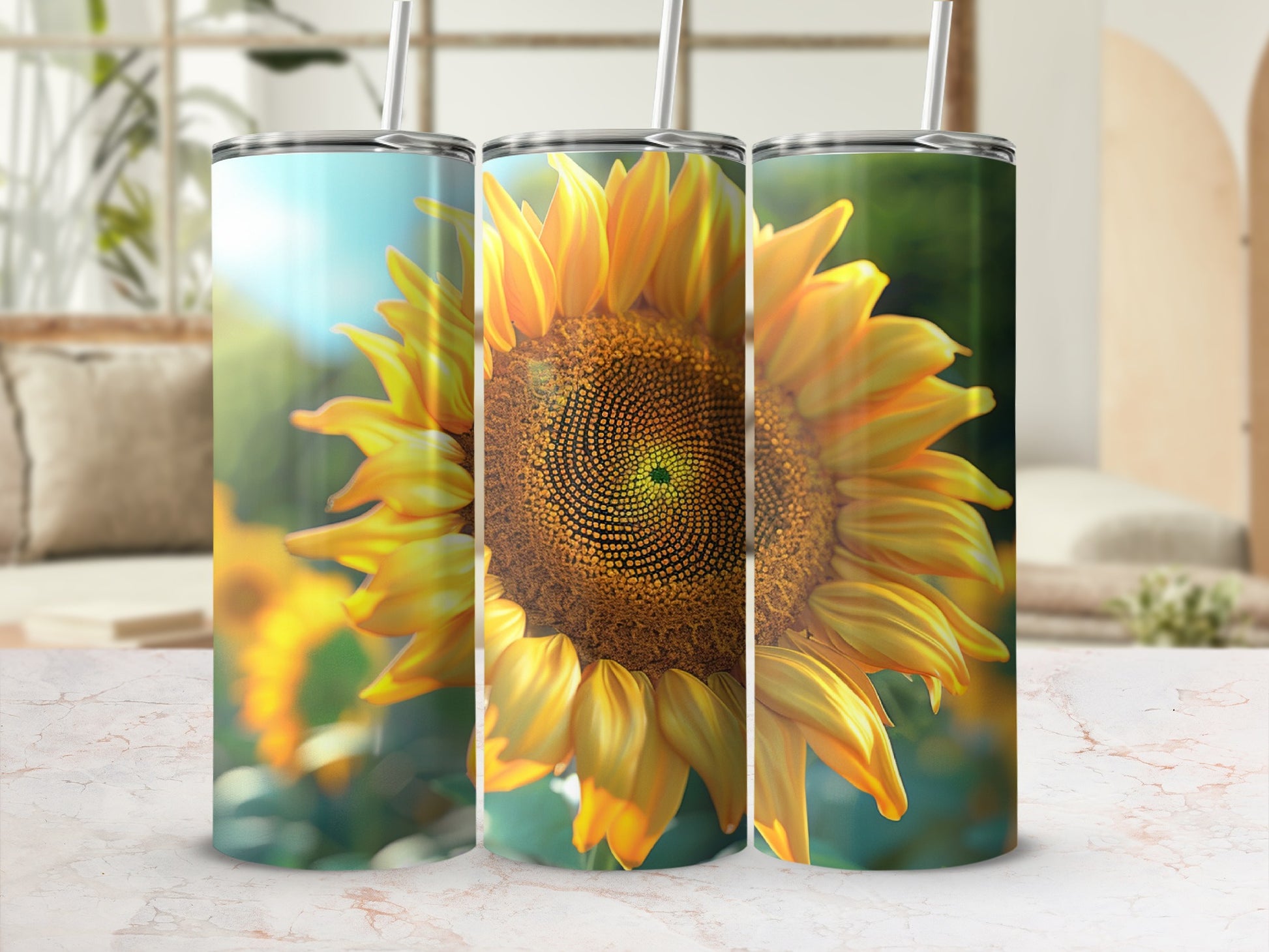 Three tumblers featuring a close-up, bright yellow sunflower with a blurry background.