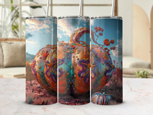 Triptych of a stylized, ornate pumpkin against a surreal landscape.