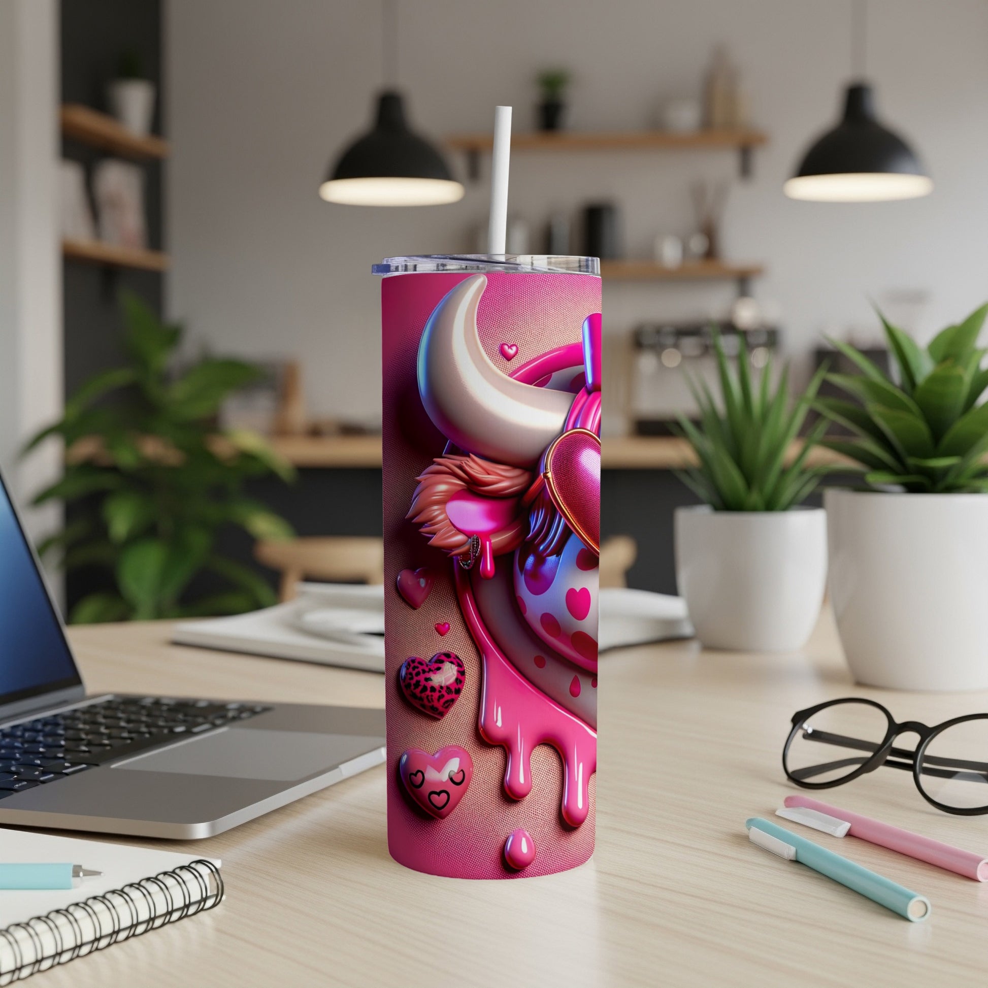 Pink tumbler with heart and leopard print designs, straw, on desk.