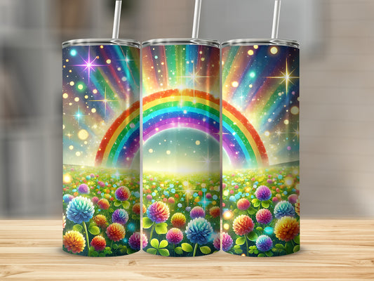 Rainbow over field of colorful clover flowers, sparkling lights