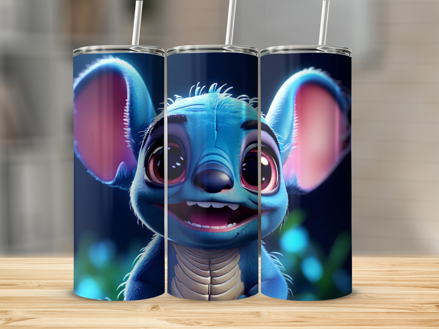 Blue cartoon character with large ears and wide smile on tumblers.