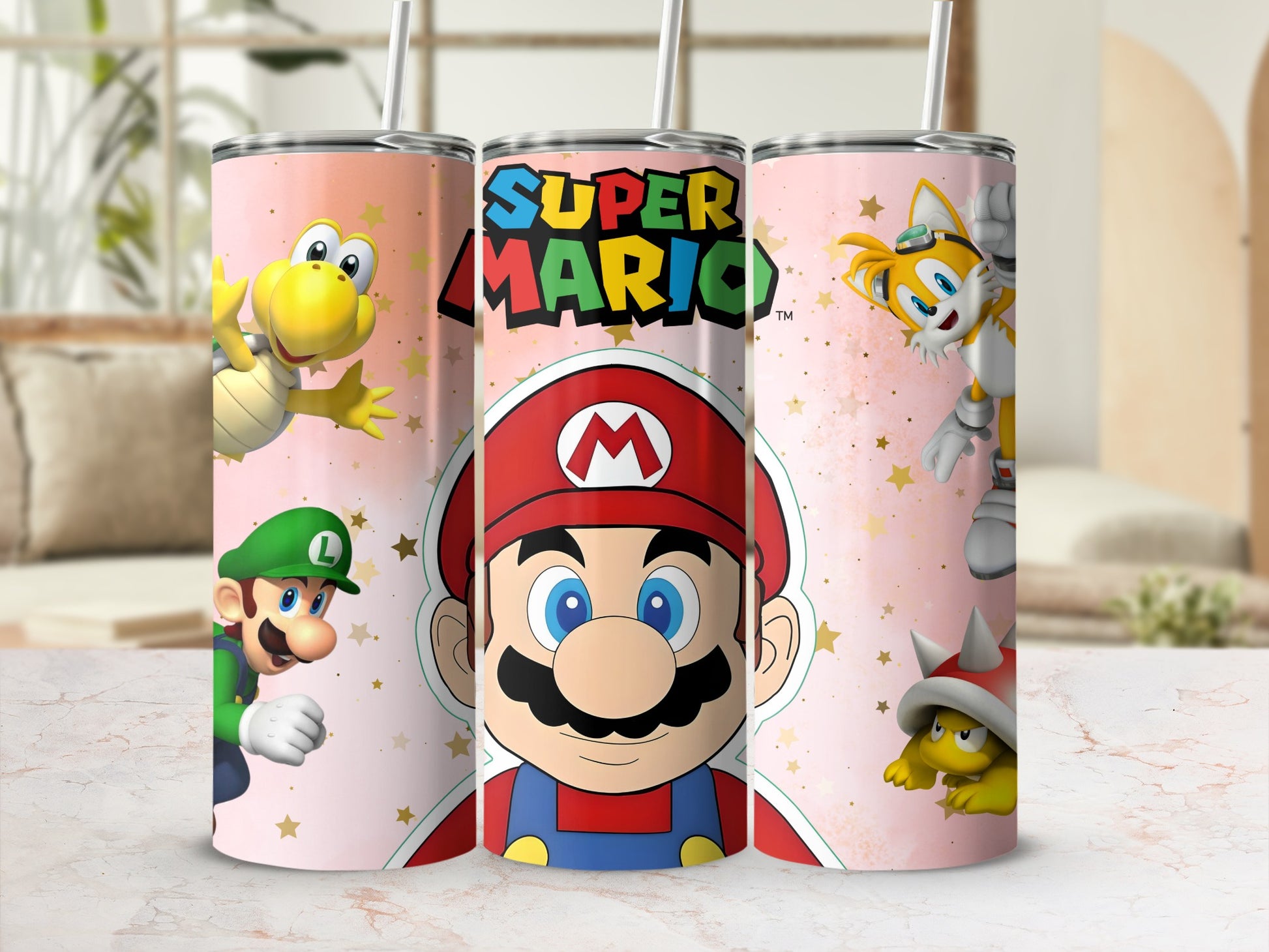 Super Mario Characters Pink Star Pattern Tumbler