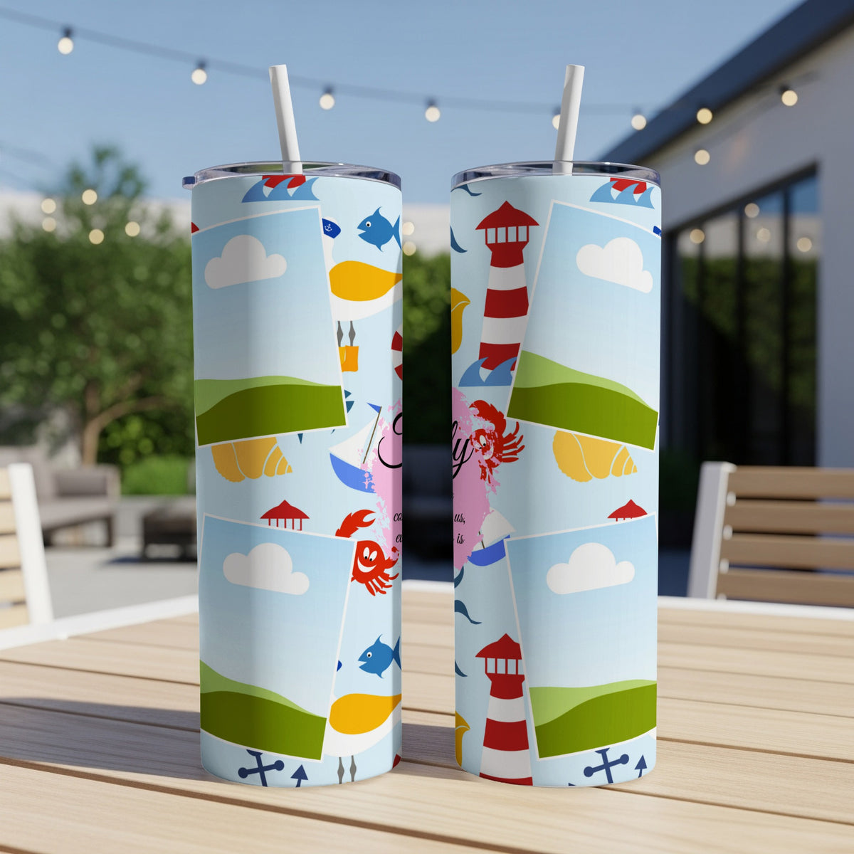 Two tumblers with a beach and sea life collage design, featuring lighthouses, crabs, and fish.