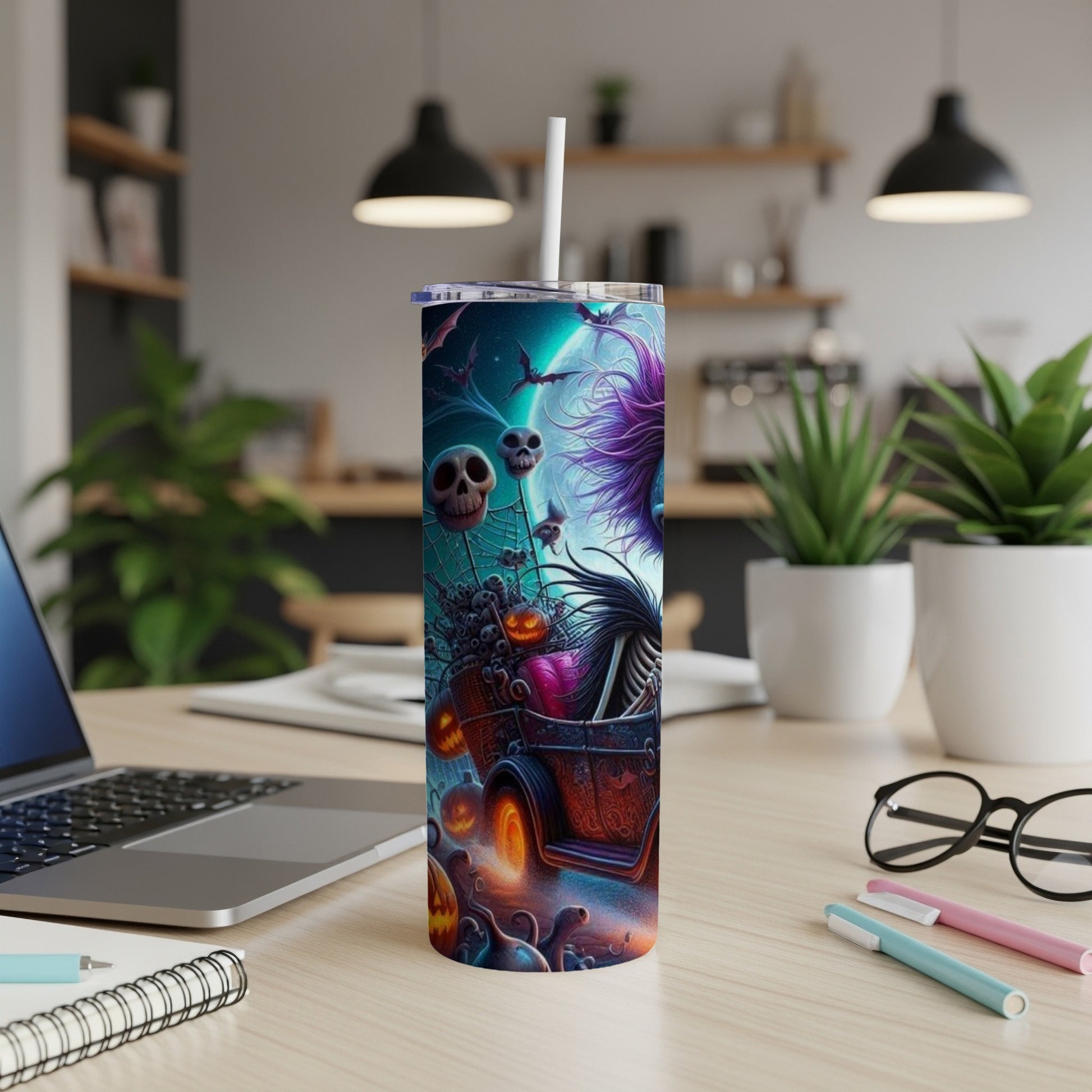 Halloween tumbler with spooky skeleton, pumpkins, bats, and skulls on a dark, starry background.