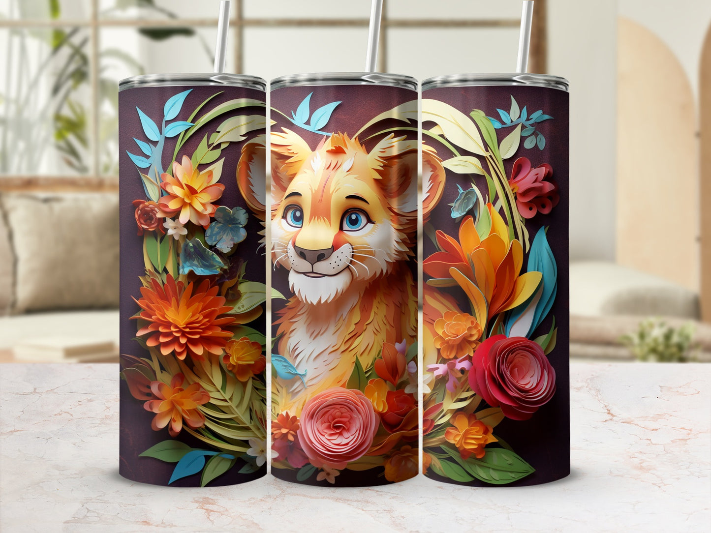 Colorful Floral Design with Cute Tiger Tumbler