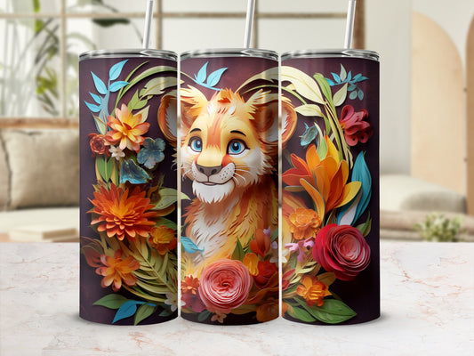Colorful Floral Design with Cute Tiger Tumbler