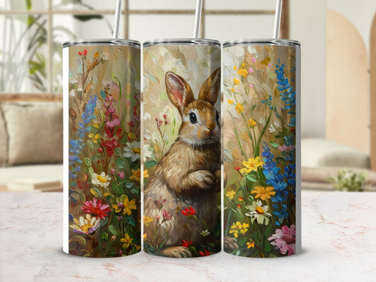 Bunny nestled in colorful wildflowers, digital painting on three tumblers.