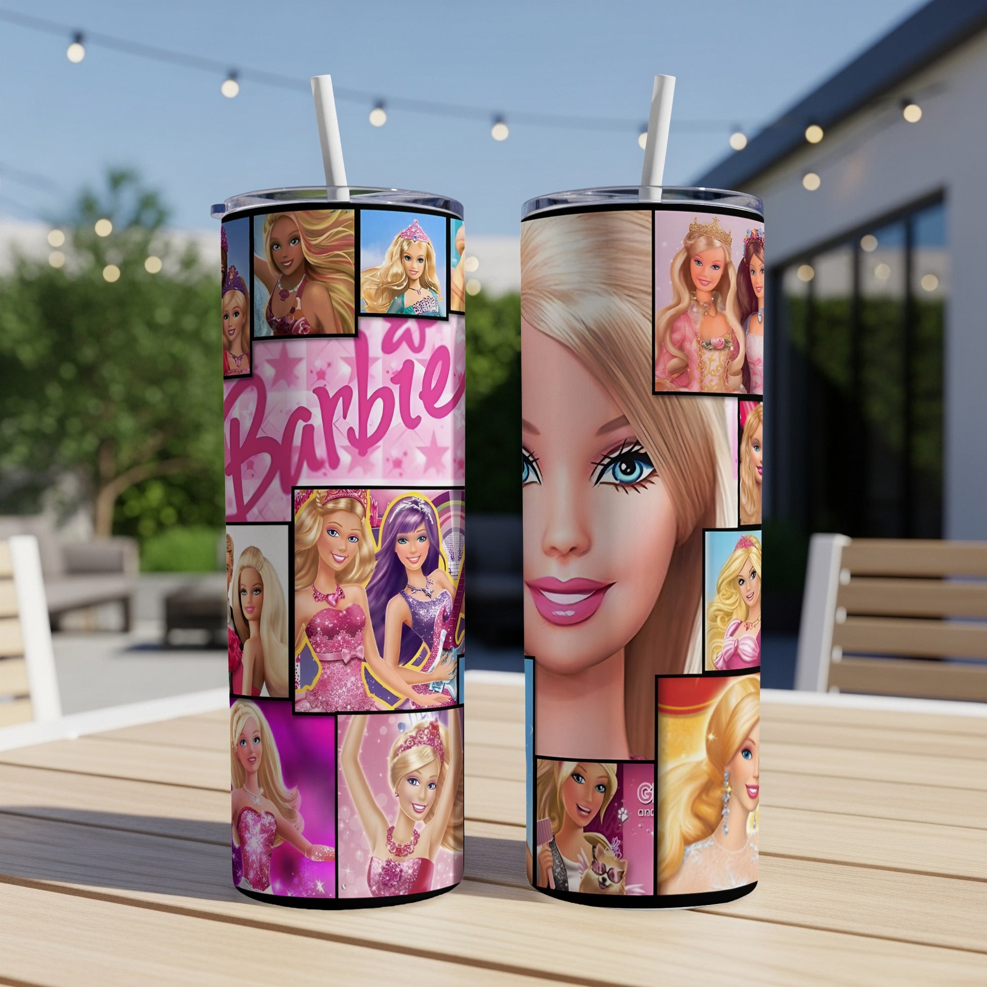 Barbie tumbler with collage of Barbie images and pink stars.