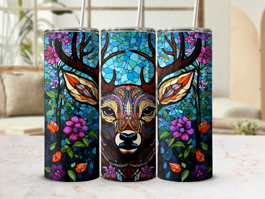 Three tumblers featuring a stained glass deer head and floral pattern.