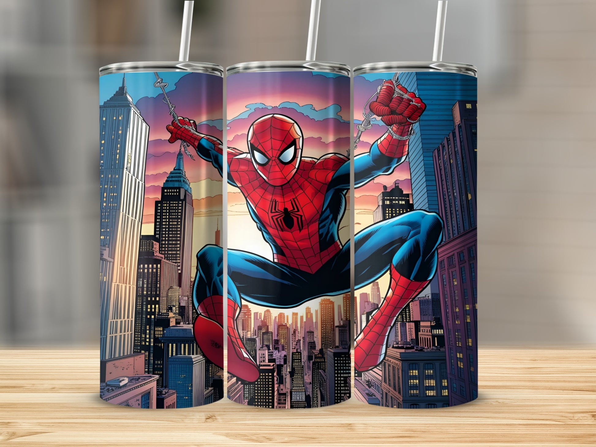 Spiderman swinging through a city skyline against a vibrant sunset.