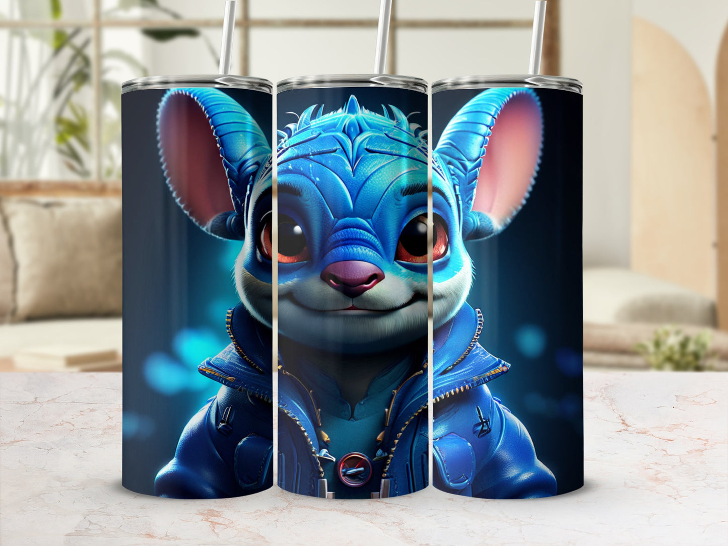 Blue cartoon creature in blue jacket with straws, on white marble surface.
