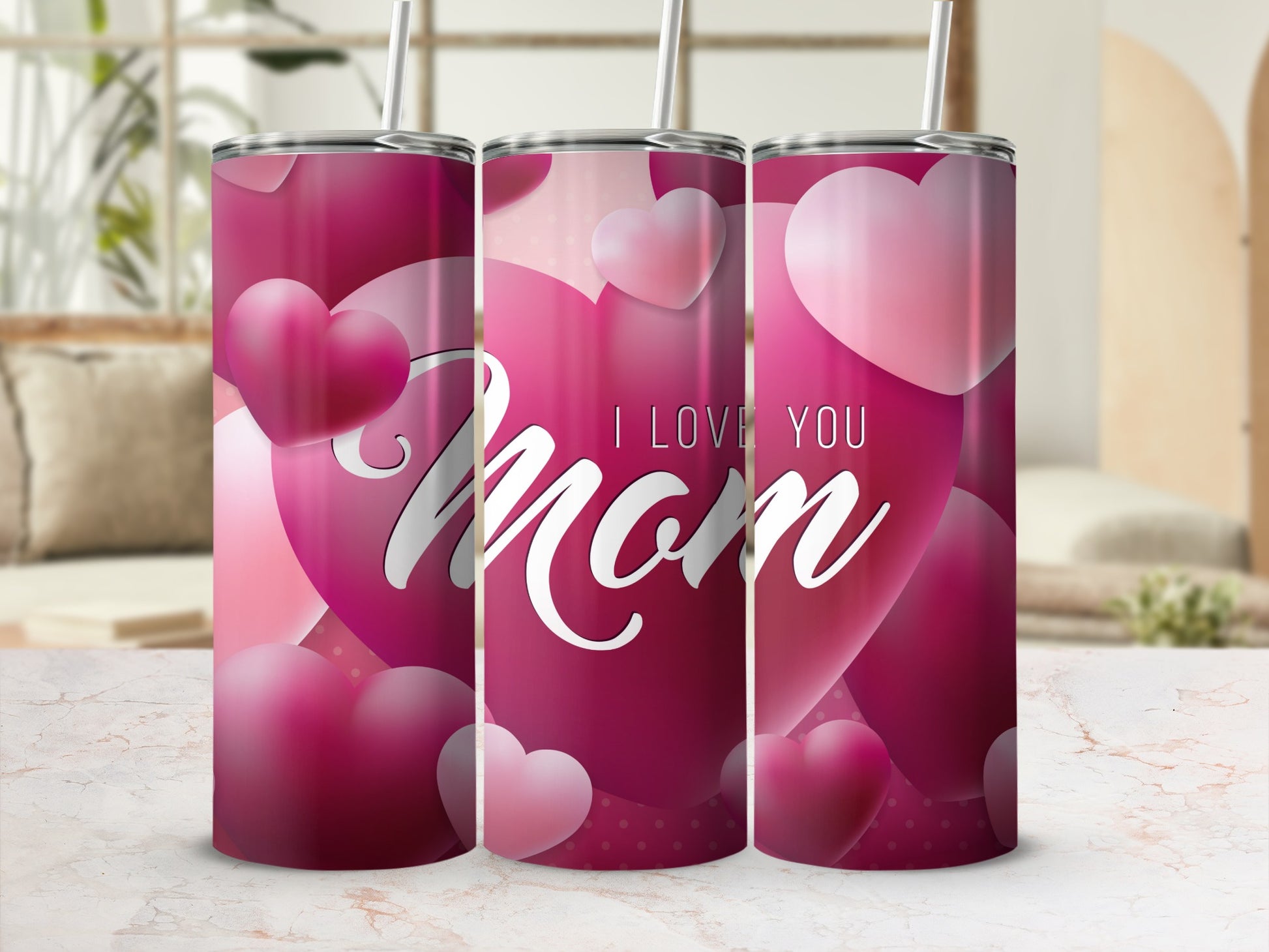 I Love You Mom Tumbler with Pink Hearts Design
