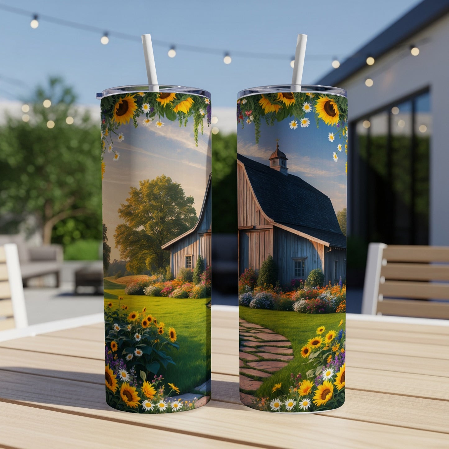 Barn scene with sunflowers and flowers on a wooden table.