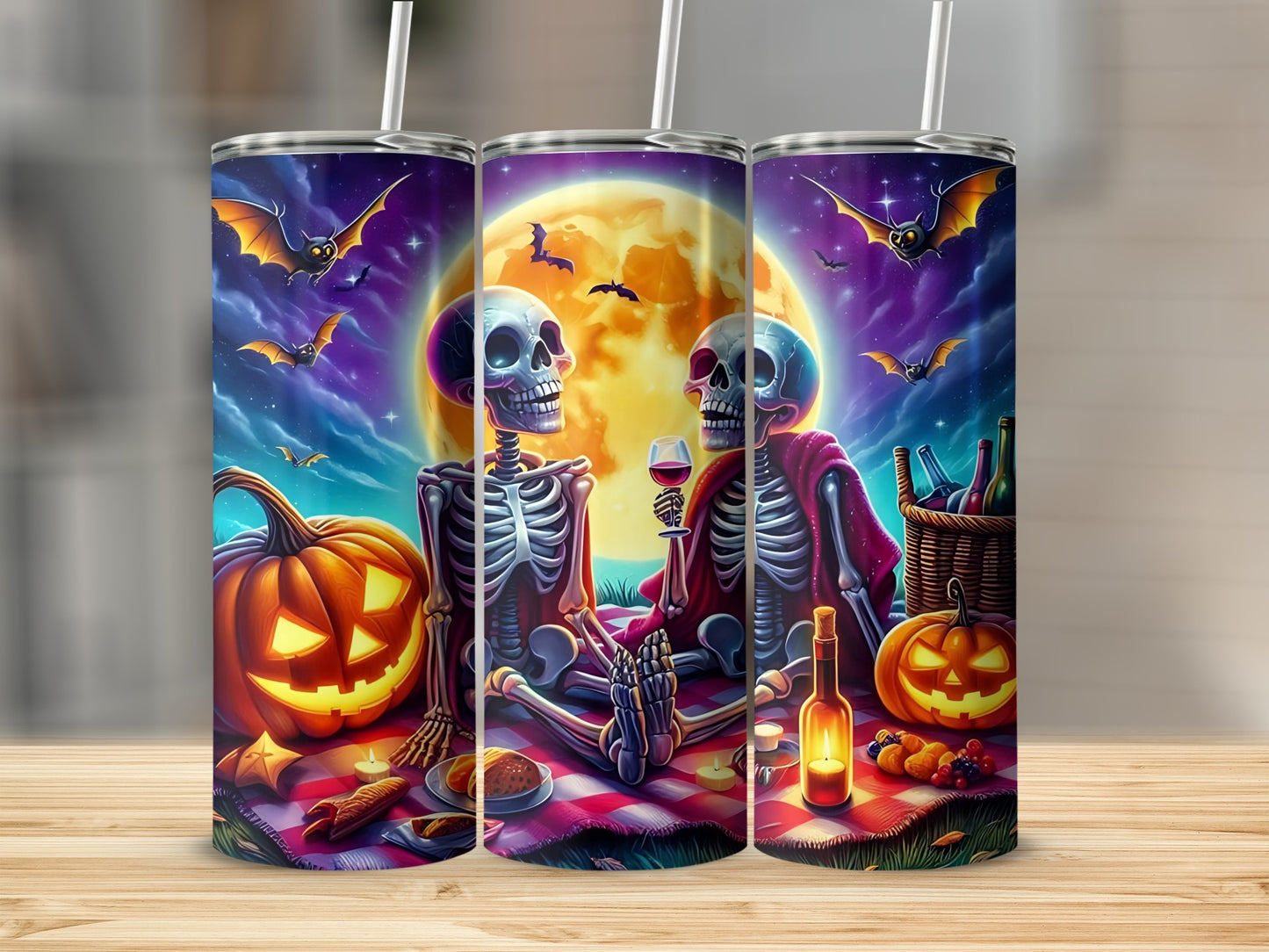 Halloween skeletons having a picnic with pumpkins and bats under a full moon.