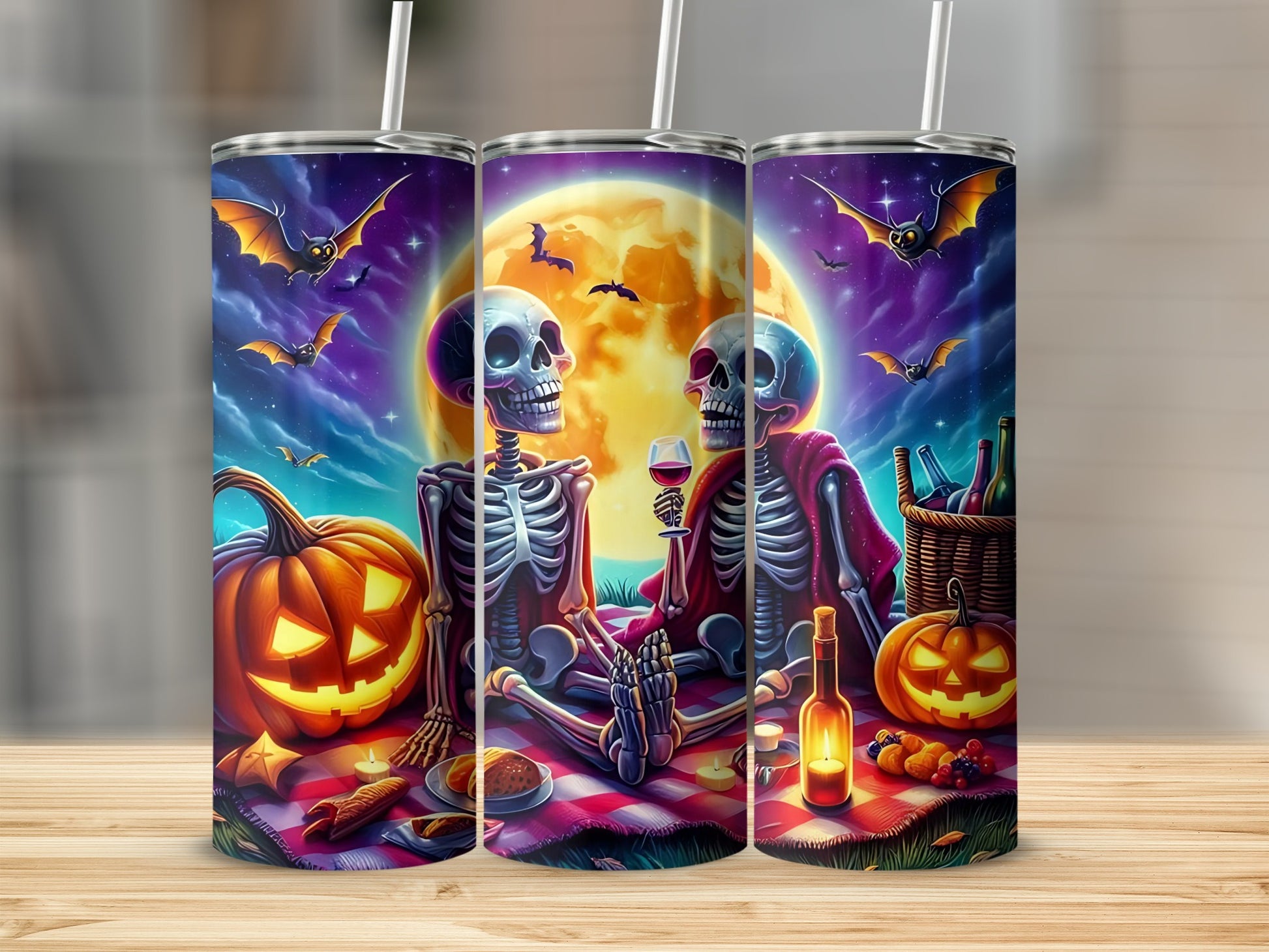 Halloween skeletons having a picnic with pumpkins and bats under a full moon.
