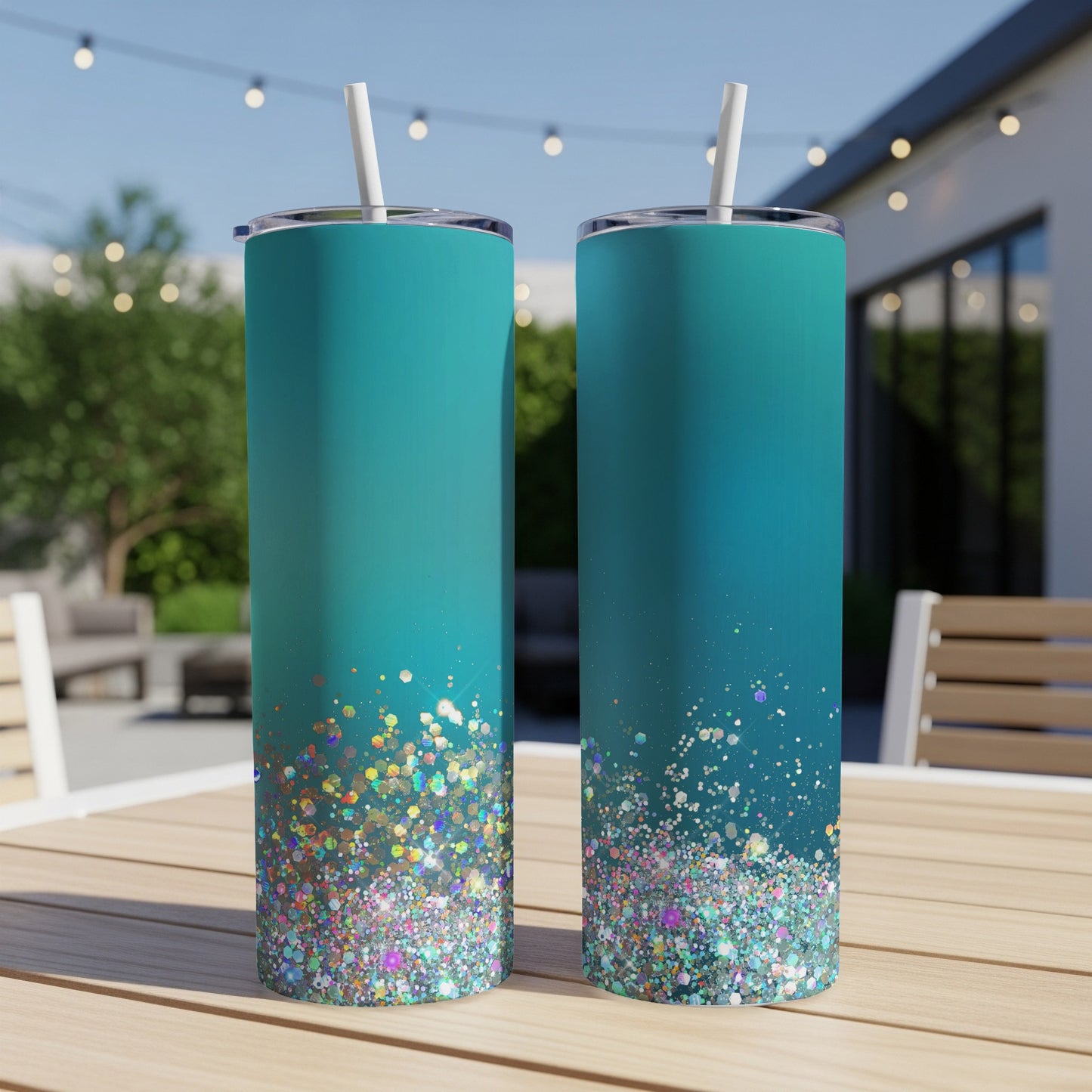 Two teal tumblers with glitter accents and straws on a wooden table.