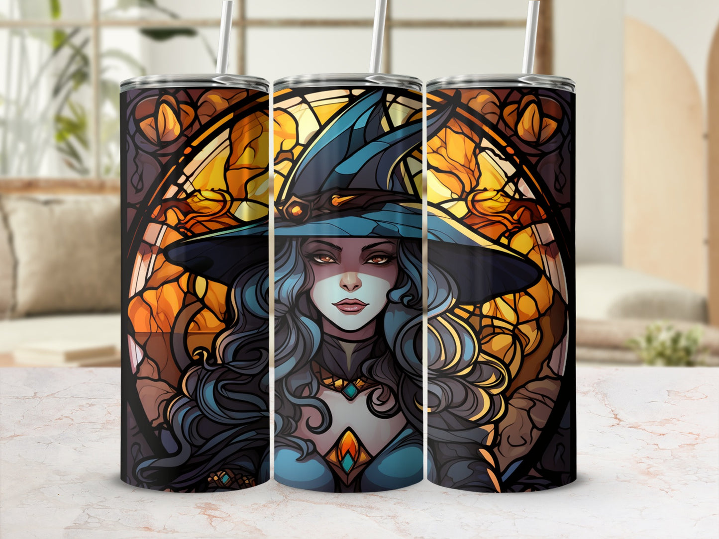 Triptych of a blue-haired witch with a pointed hat and stained-glass background.