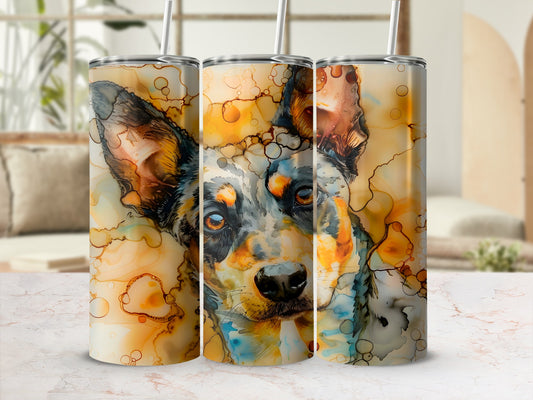 Triptych of a dog's face in watercolor style with swirling colors.