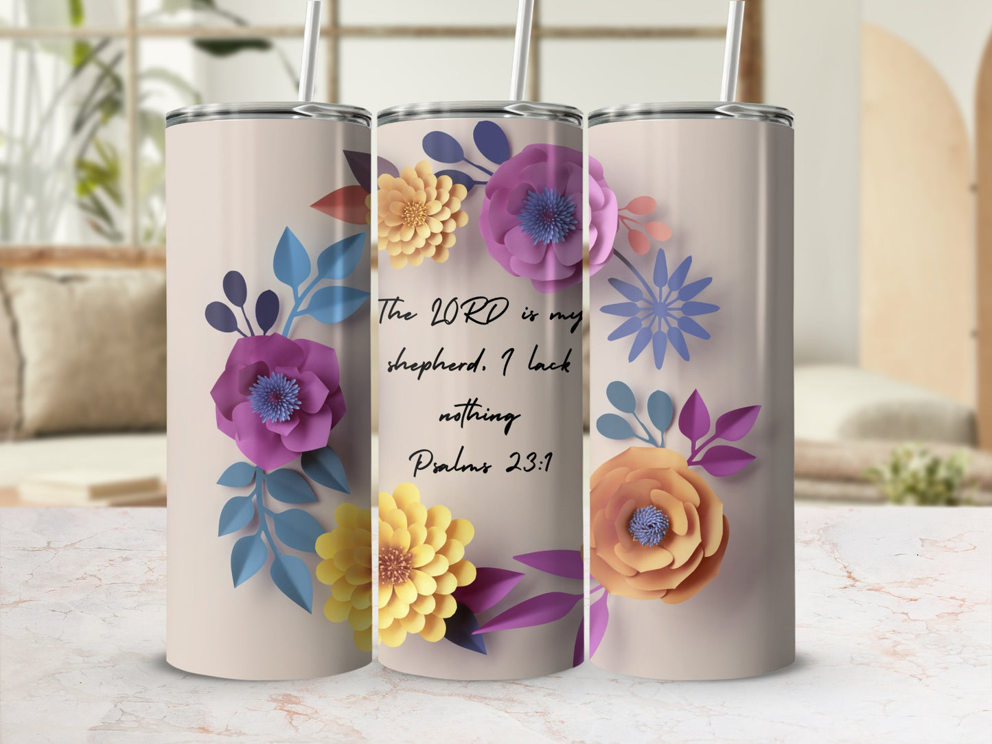 Psalm 23:1 Inspirational Floral Tumbler with Straw