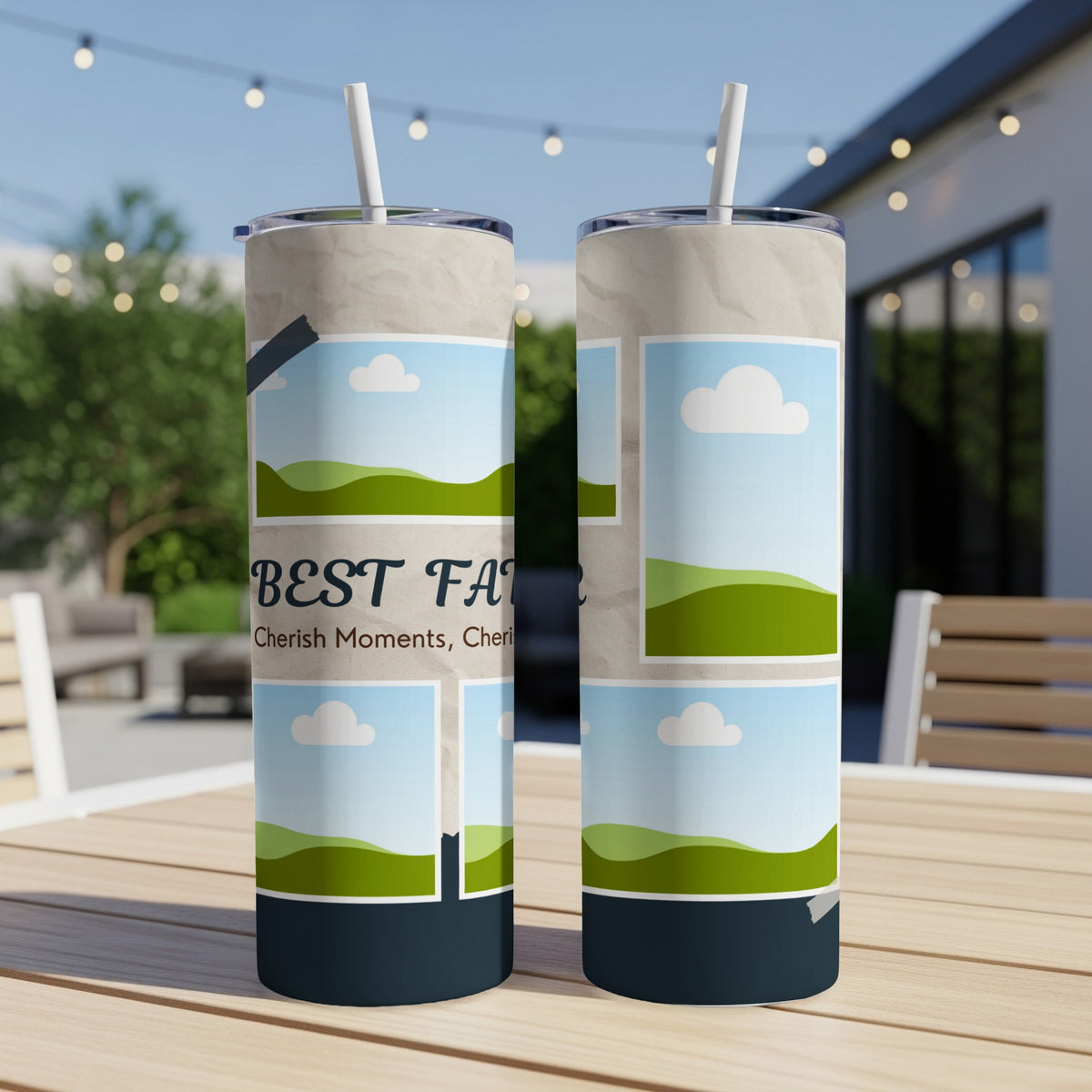 Tumbler with "BEST DAD" text and photo frames with landscape scenes.