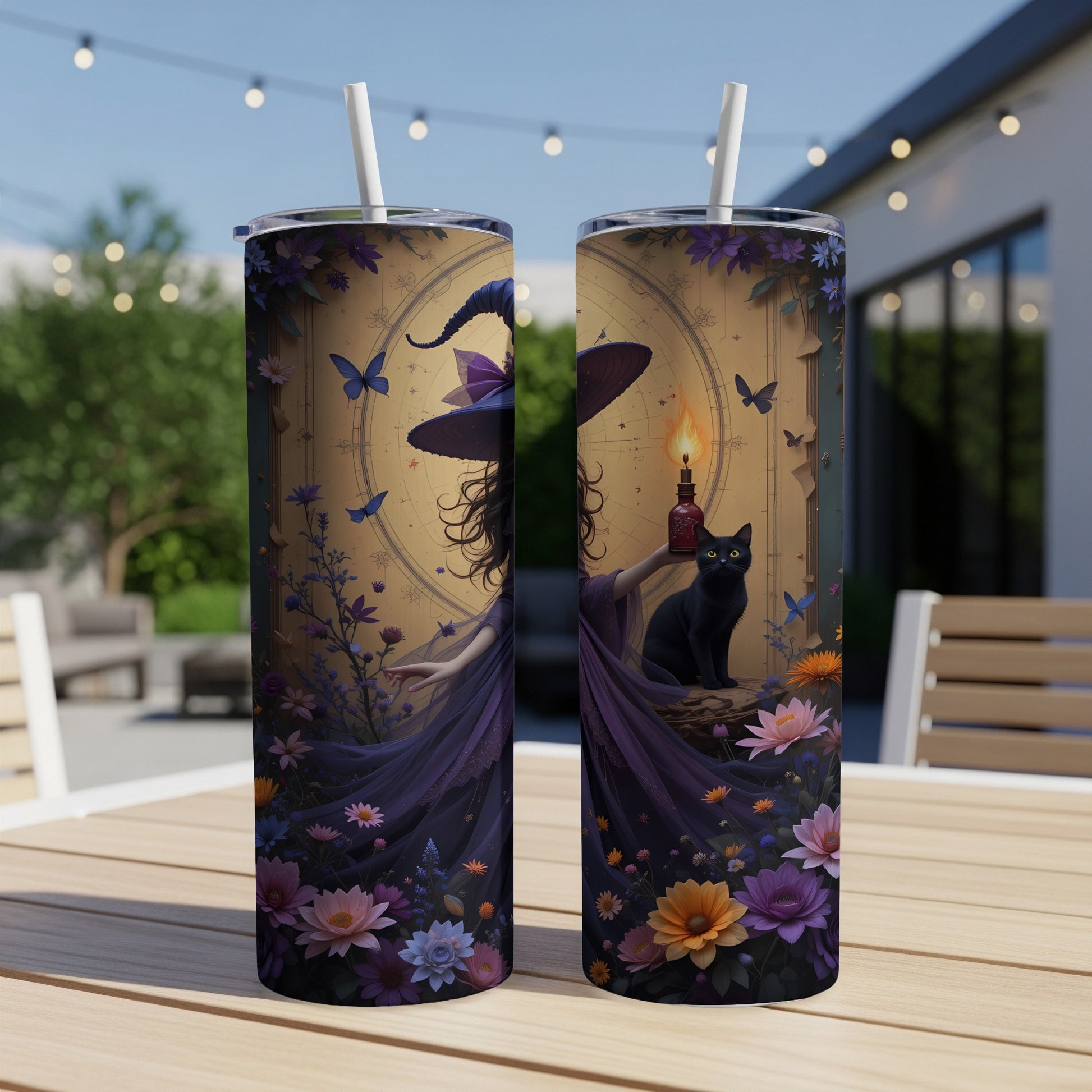 Two tumblers featuring a witch, black cat, butterflies, flowers, and a candle.